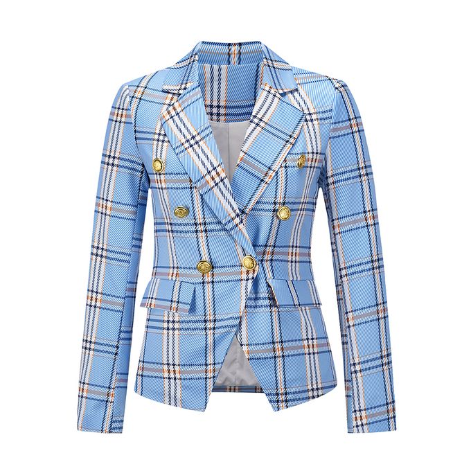 product_image_name-Fashion-Womens Plaid Single Breasted Jacket Suit Slim Work Office Blazer-Blue-1