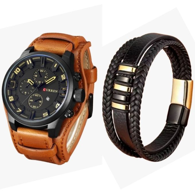 Curren Men Leather Wrist Watch With 3 Layer Bracelet- Brown