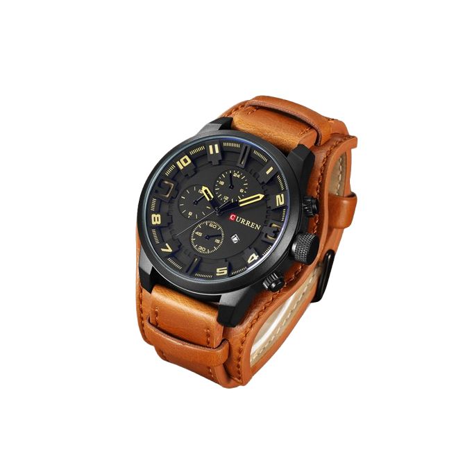 Curren Men Leather Wrist Watch With 3 Layer Bracelet- Brown - Image 2
