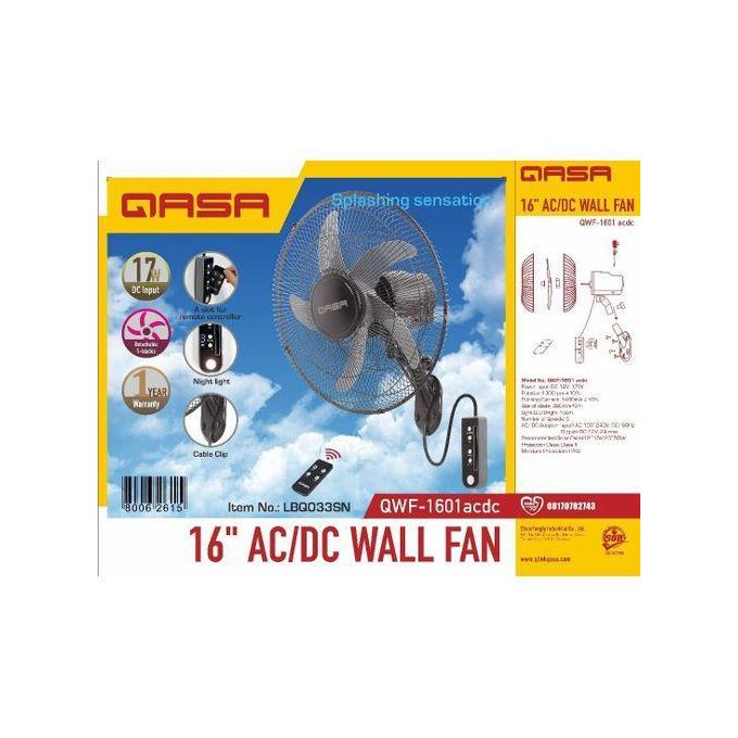 Qasa 16inches energy friendly AC/DC solar wall fan