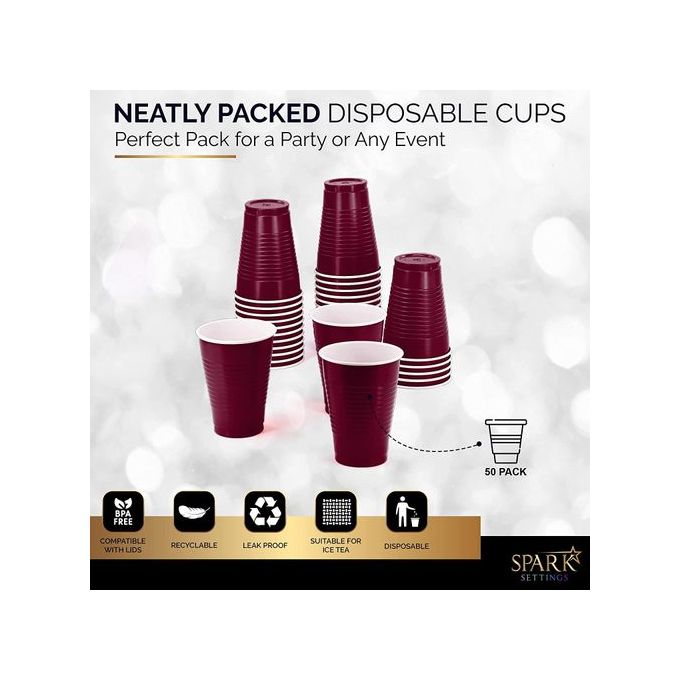 Amcrate Disposable Plastic Cups, Burgundy Colored Plastic Cups, 18-Ounce Plastic Party Cups, Strong and Sturdy Disposable Cups for Party