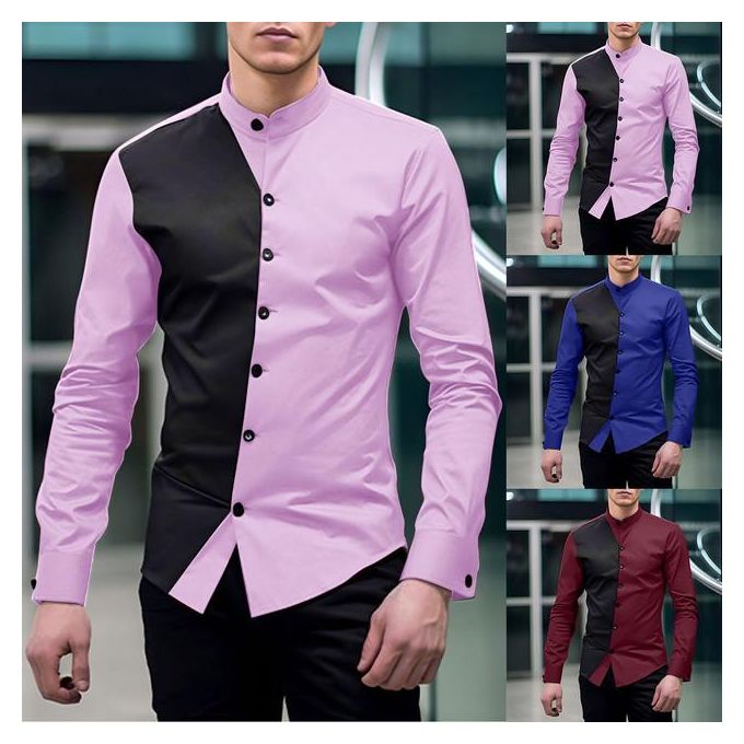 Generic Stand Collar Long Sleeve Color Matching Shirt Mens Casual