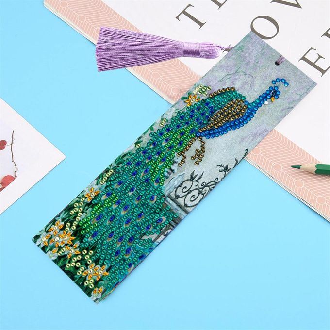 5D DIY Special Shaped Diamond Painting Leather Peacock Tassel Art Bookmarks
