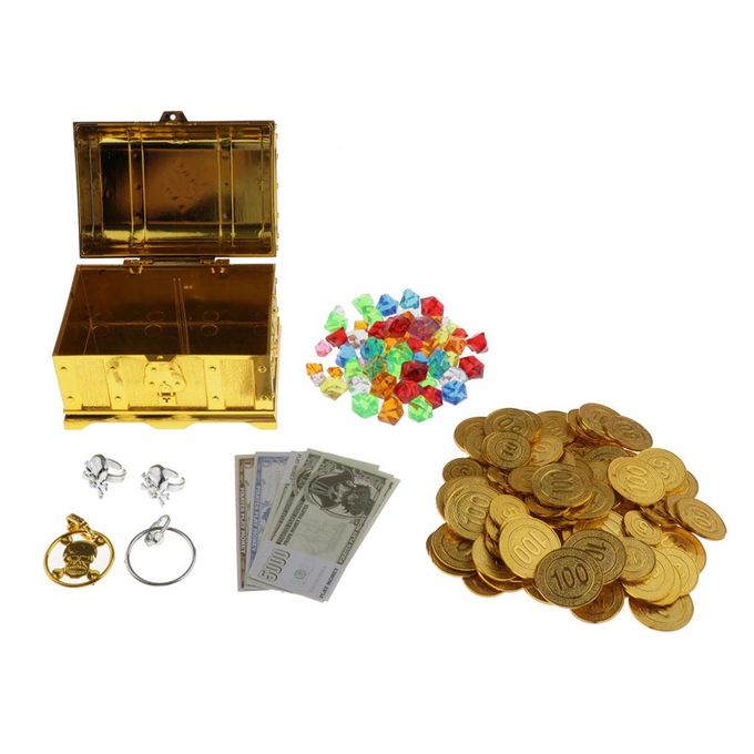 120 Plastic coins + 100g gems + 16 Paper Money + Kids Treasure Chest Box Toys 