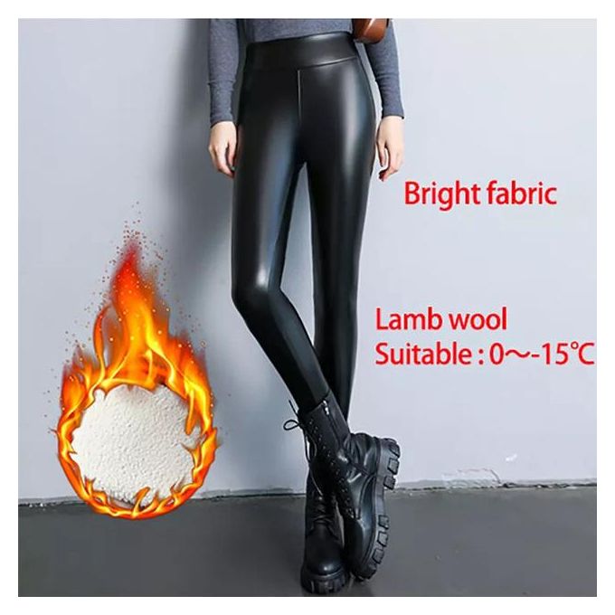 Generic Thick Warm Winter Leggings Women Leather High Waisted Push Up  Velvet Black Slimming Faux Pu Leather