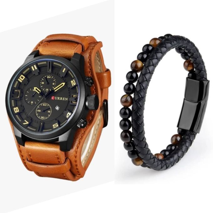 Curren Exotic Leather Strap Men Watch With Bead Bracelet- Brown