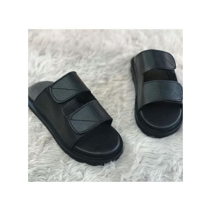 Fashion Black Covered Slip-on Pam Slippers- With Centre Openings