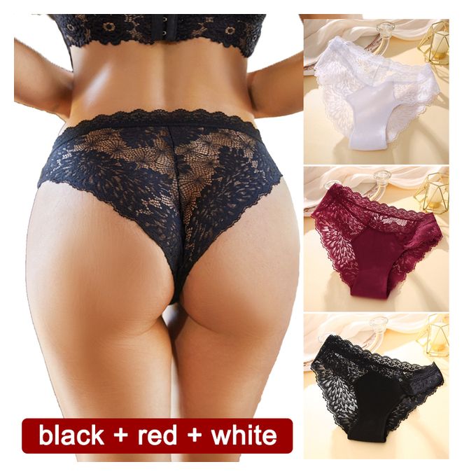 Generic 3PCS/Set Lace Women's Panties Sexy Women's Underwear Transparent  Female Underpants Girls Plus Size Women Lingerie S_XL(#white Red Black)