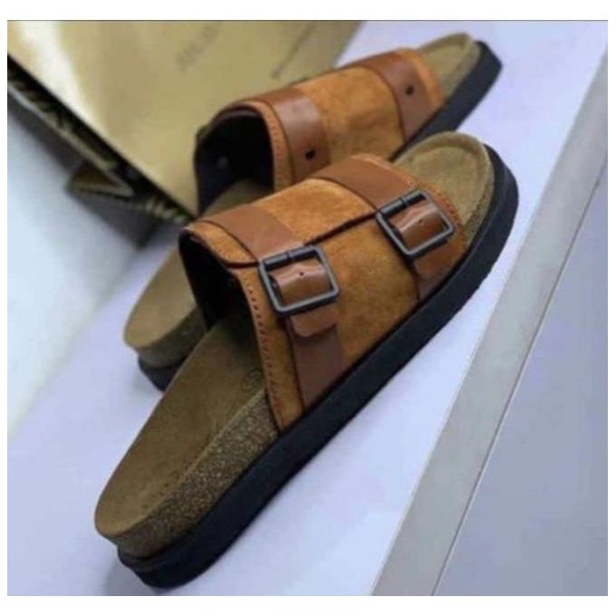 Fashion Men Leather Palm Slippers Brown