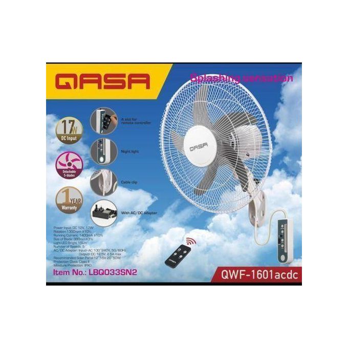 Qasa 16inches energy friendly AC/DC solar wall fan