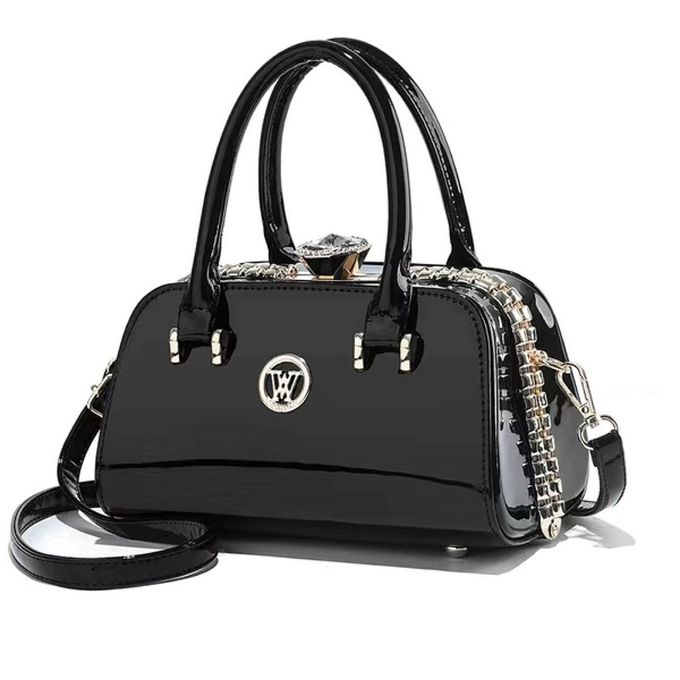 product_image_name-Fashion-Vintage Patent Leather Zigzag Clamp Party Ladies Hand Bag-Black-1