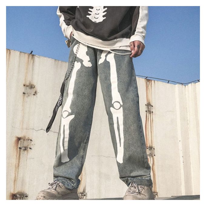 Fashion Men Skeleton Oversized Black Jeans Pants Denim Mens Explosive Jeans