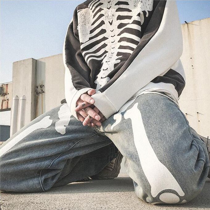 Fashion Men Skeleton Oversized Black Jeans Pants Denim Mens