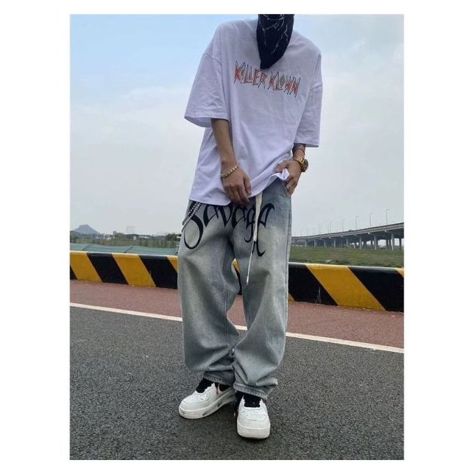 Fashion American Baggy Jeans Men Street Style Hip Hop Letter Explosive Jeans  | Jumia Nigeria