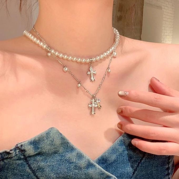 Fashion Women's 2-Piece Pearl & Cross Layered Choker