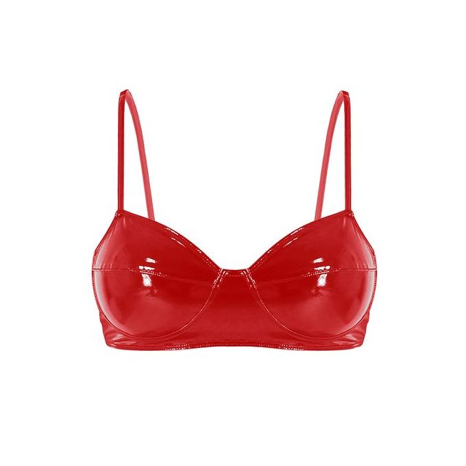 Generic MSemis Black Womens Lingerie Fashion Wetlook Faux Leather Bra Sexy  Wire_free No Pad Bra For Women For Raves Dances Clubwear(#Red)