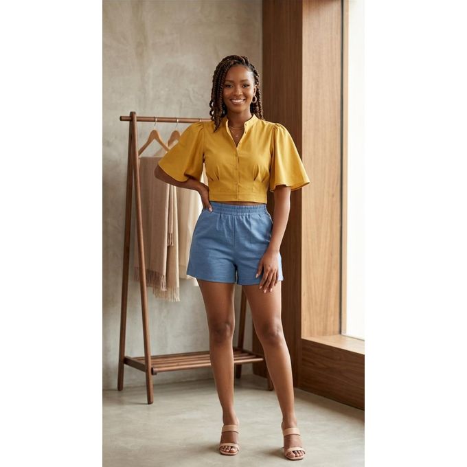 Fashion Mustard Yellow Puff Sleeve Button-Down Crop Top