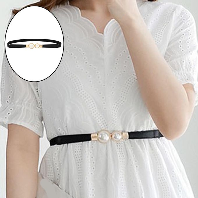 Elegant Pearl Belt Thin Dress Skinny High Waist Cinch Belts Wrap Black