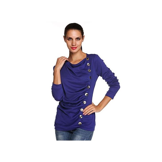 product_image_name-Fashion-Women Pleated O-neck Long Sleeve Solid Top Blouse-Navy Blue-1