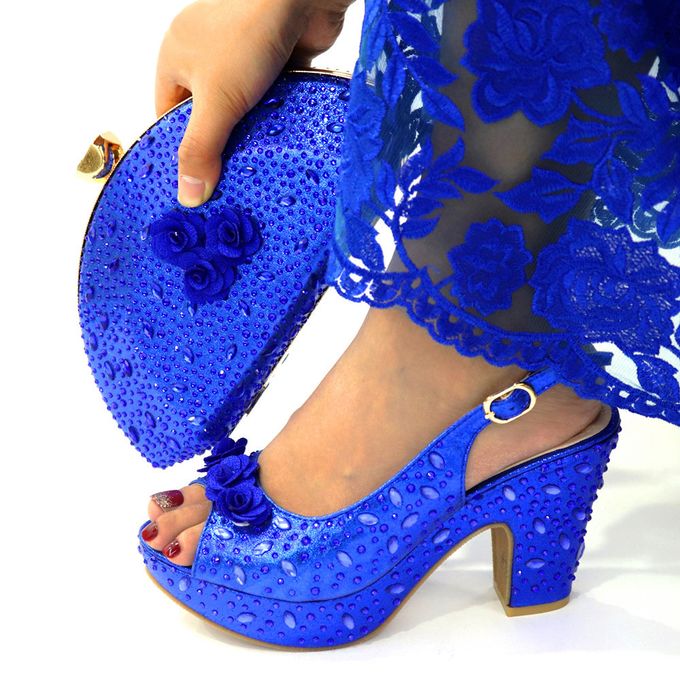 product_image_name-Fashion-6245-19 Blue Floral Wedding Shoe Bag Set Nigerian Party Sandals With Clutch-1