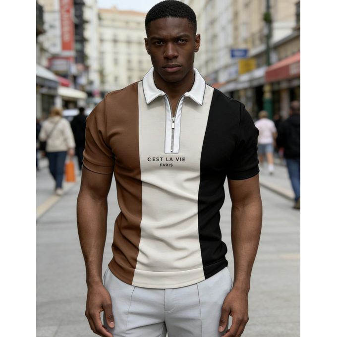 Fashion Mens Casual Business Polo Shirt Stand Collar Zip