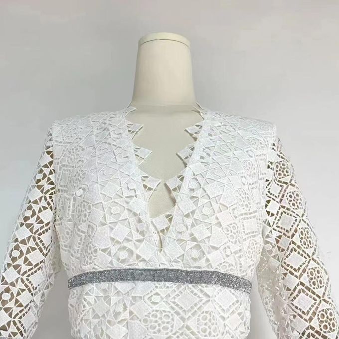 Generic A7243 White Long V Neck Dress Long Sleeves Lace Plus Size