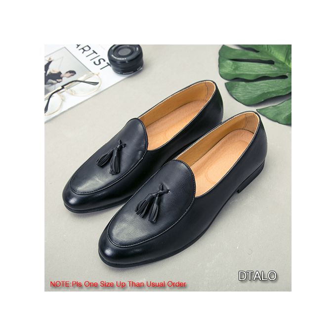 black leather tassel loafers