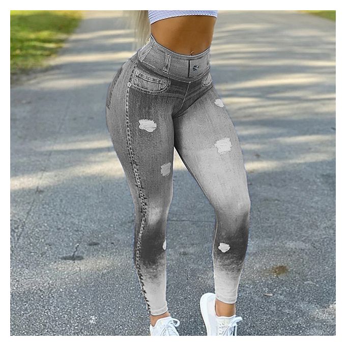 Generic High Waist Faux Denim Jean Leggings Slim Elastic Seamless