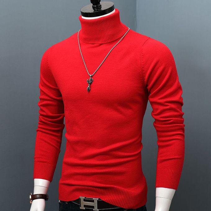 product_image_name-Fashion-Korea Men Cotton Turtle Neck Turtleneck Sweater Stretch Slim Fit Brand Knitted-Red-1