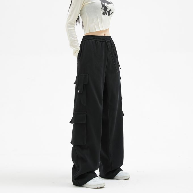 Fashion (Black)JAYSCE Women Streetwear Black Cargo Korean Harajuku Casual  Parachute Pants For Girl Multi-pocket Wide Leg Joggers Trousers DOU