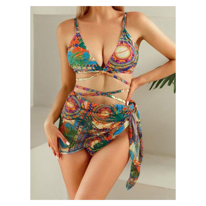 Cotton Beautiful bikini set with sarong, Body suit, Printed at Rs