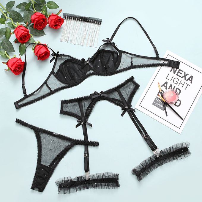 (Black)Sexhoney Lingerie Transparent Half Cup Bra Couple Underwear 4-Piece  Luxury Lace Intimat BEA