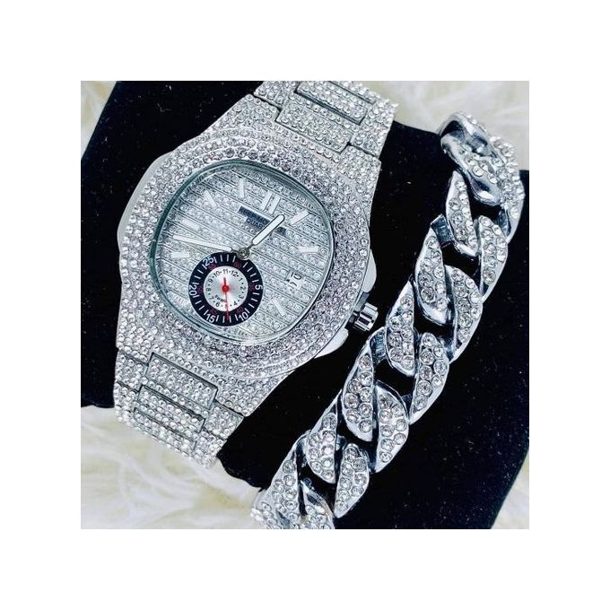 NDS Stone Iced Men"s Wristwatch & Hand Chain - SIlver