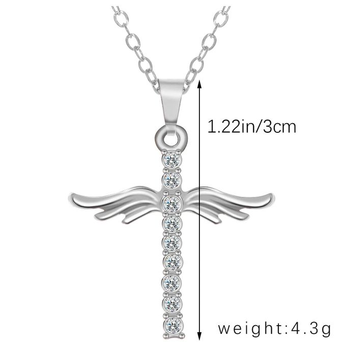 Silver Simple Cross Diamond Angel Wings Pendant - Image 2