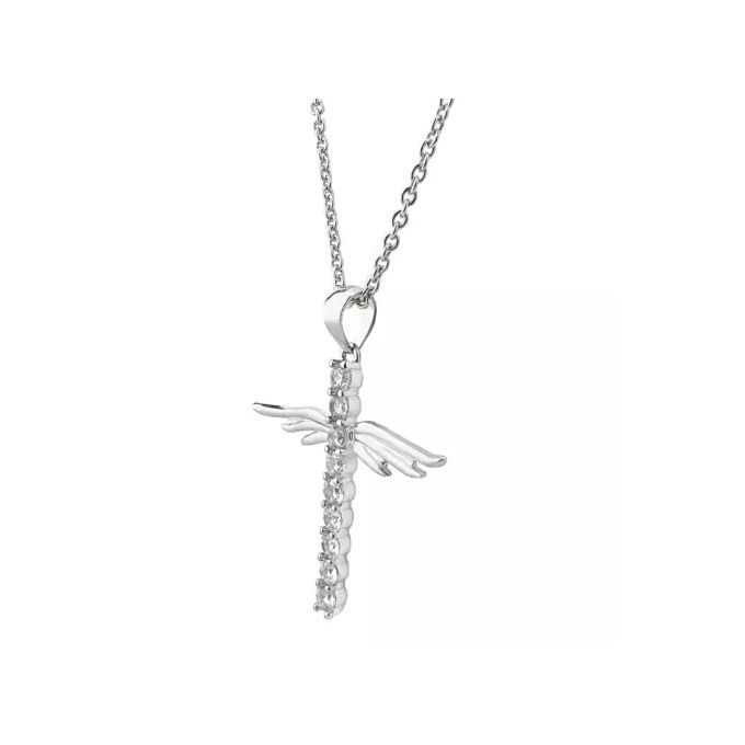 Silver Simple Cross Diamond Angel Wings Pendant - Image 3