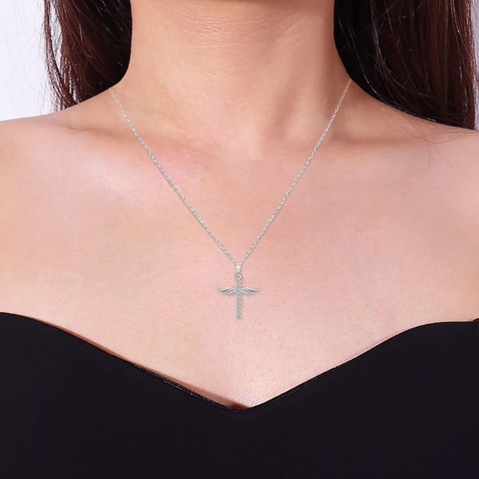 Silver Simple Cross Diamond Angel Wings Pendant - Image 5