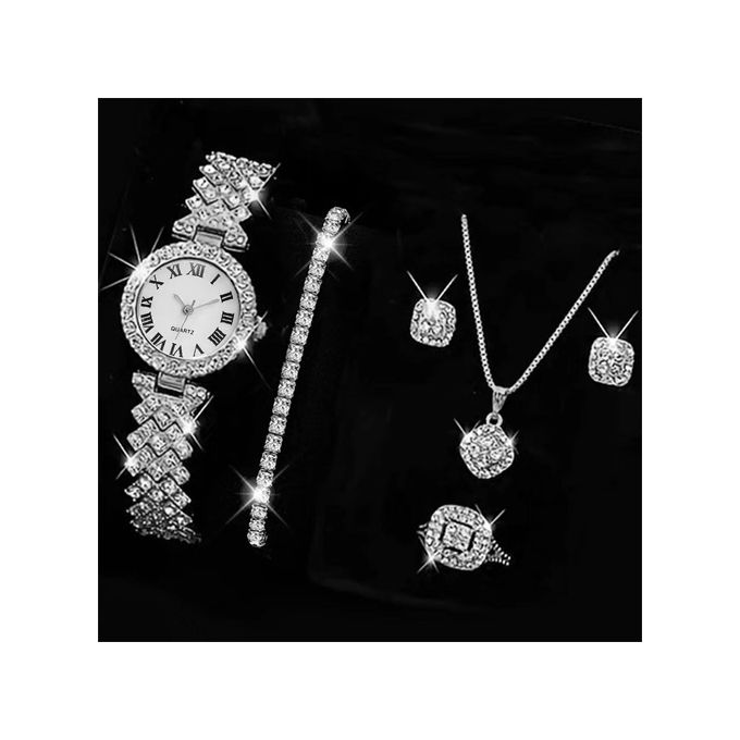 Fashion 5PCS Watch Ring Necklace Earrings Water Diamond Bracelet