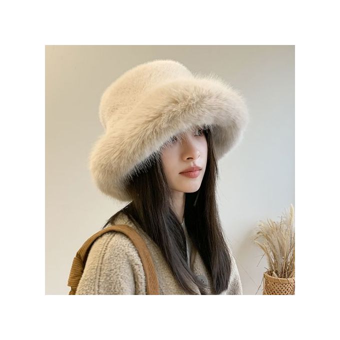 Luxury Winter Outdoor Vacation Fisherman Hat Women Houndstooth  PanamaThickened Soft Warm Fishing Cap Faux Fur Rabbit Bucket Hat Color: 37,  Size: 58-60cm