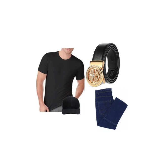 4 In 1 Men’s Quality Jeans, T-shirt, Cap & Automatic Belt