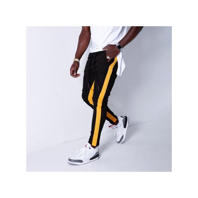 black joggers yellow stripe