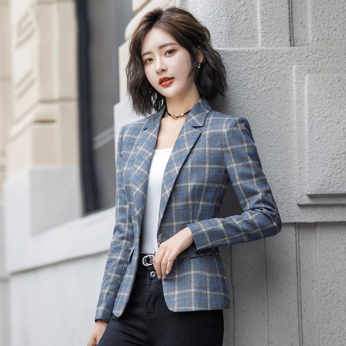 product_image_name-Fashion-Soft And Comfortable High-quality Plaid Jacket With Pocket Office Lady Casual Style Blazer Women Wear Single Button Coat-Grey-1