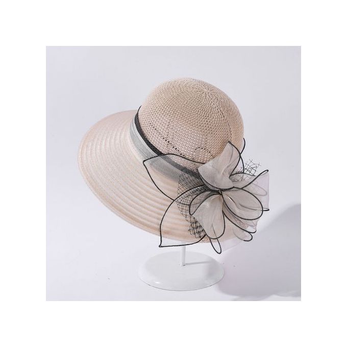 Fashion （Beige）New Flower Summer Sun Hats For Women Beach Organza Tea Party  Hat Elegant Ladies Church Suncreen Wide Brim Beach Hat Fedoras DON