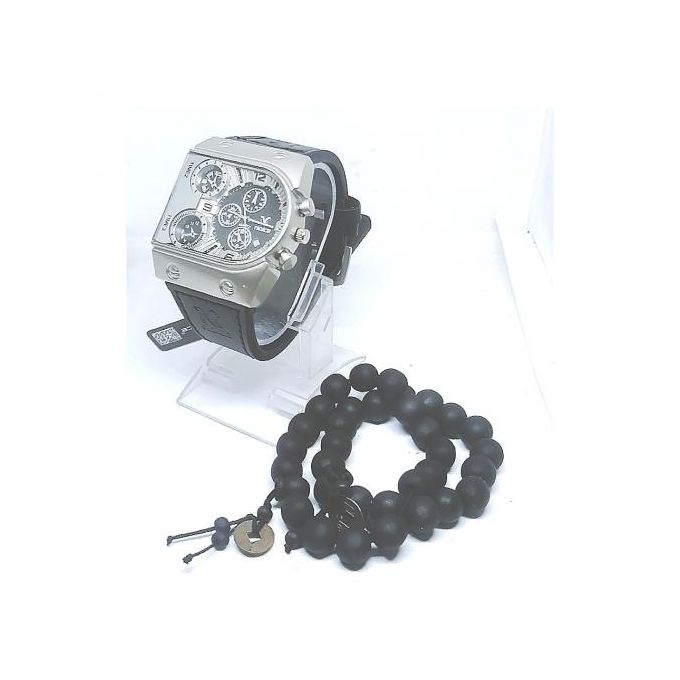 product_image_name-Fashion-Men Black Leather Wristwatch + Bracelets-1