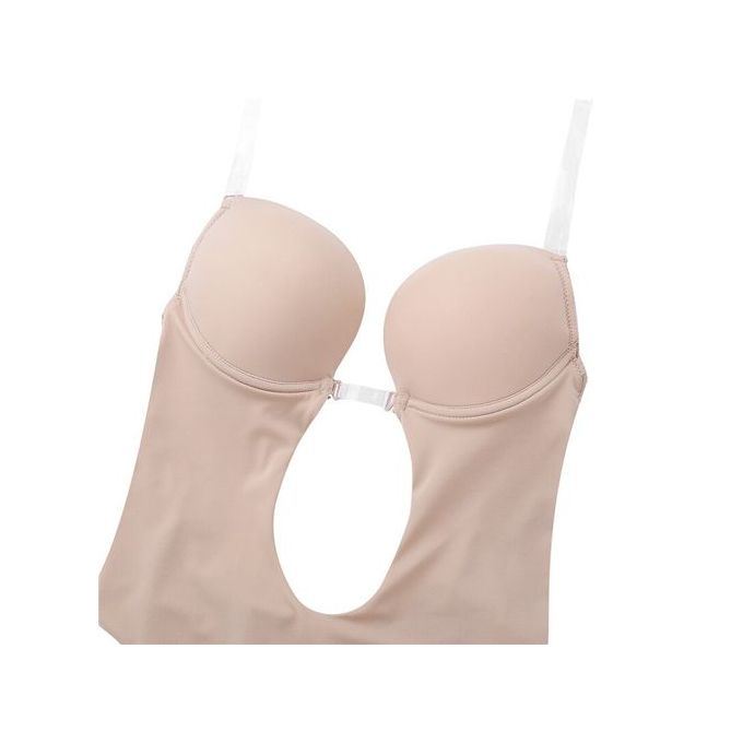 Fashion Women Body Shaper Shapewear Bodysuit Underwire Padded Push Up Bra  Top Plunging V-Neck Clear Straps Backless Thong Shaper(#Khaki)