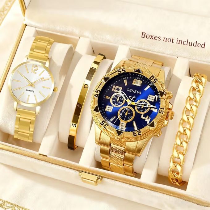 GENEVA 4-Piece couples Luxury Gold Watch & Bracelet Set –