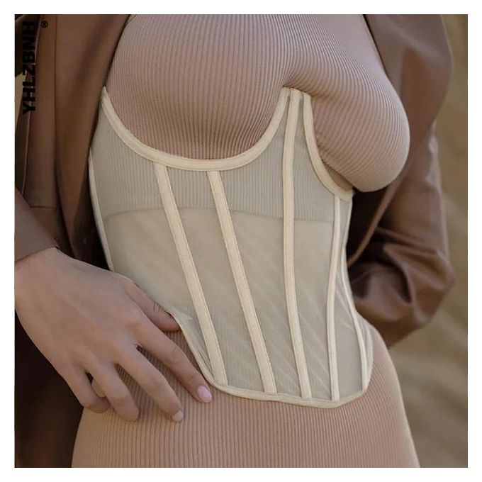 TOPGOD Women's Bandage Corset Waist See Through High Street Belt Slim Mesh  Underwear Clothing 