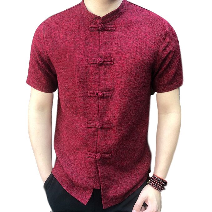 Incerun Vintage Mens Stand Collar Short Sleeve Shirt - Wine Red | Jumia ...