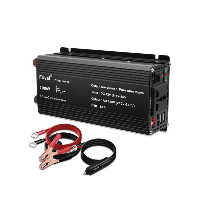 1300W/2600W Pure Sine Shaft Inverter Voltage Converter 12V - 230V Black