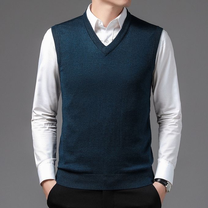 Men's Business Casual Outer Wear Warm Sleeveless Sweater Vest  Men's-A-15-clam Cyan