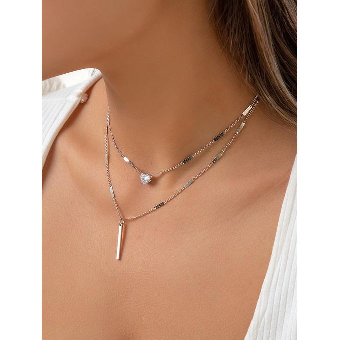 Fashion Women Two Layer Diamond Pendant Chain Necklace Silver